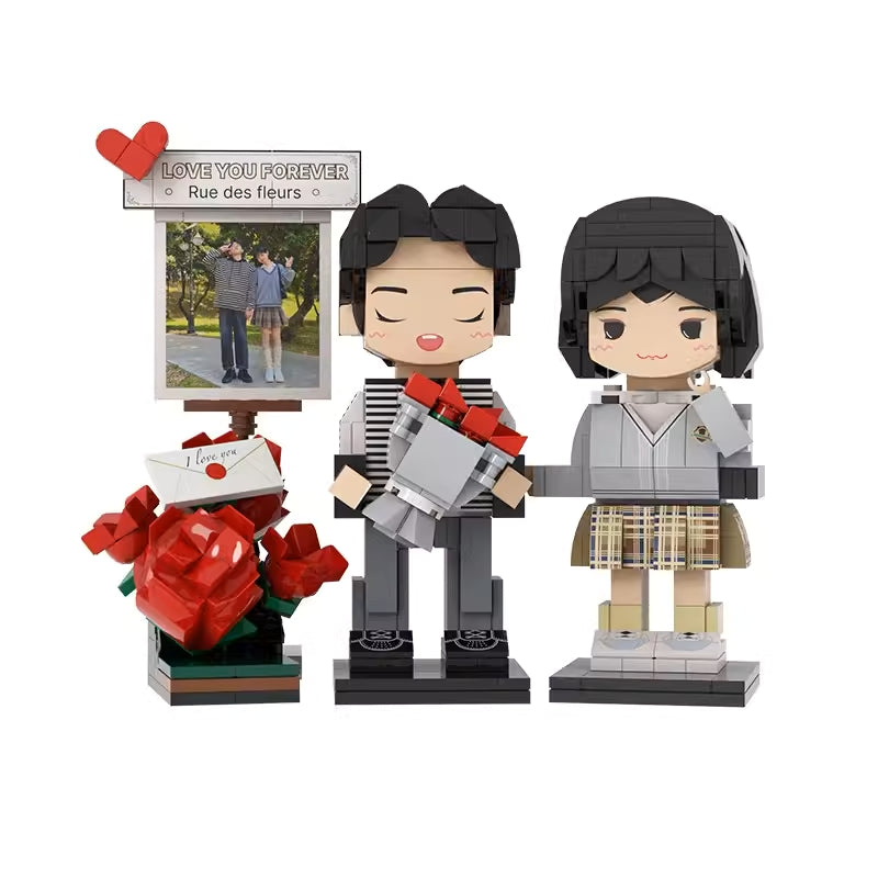 カスタマイズされた 2 人ビルディングブロックキャラクターフォトフレーム小さな粒子ビルディングブロック家の装飾ビルディングブロック人形 バラ - Fallook