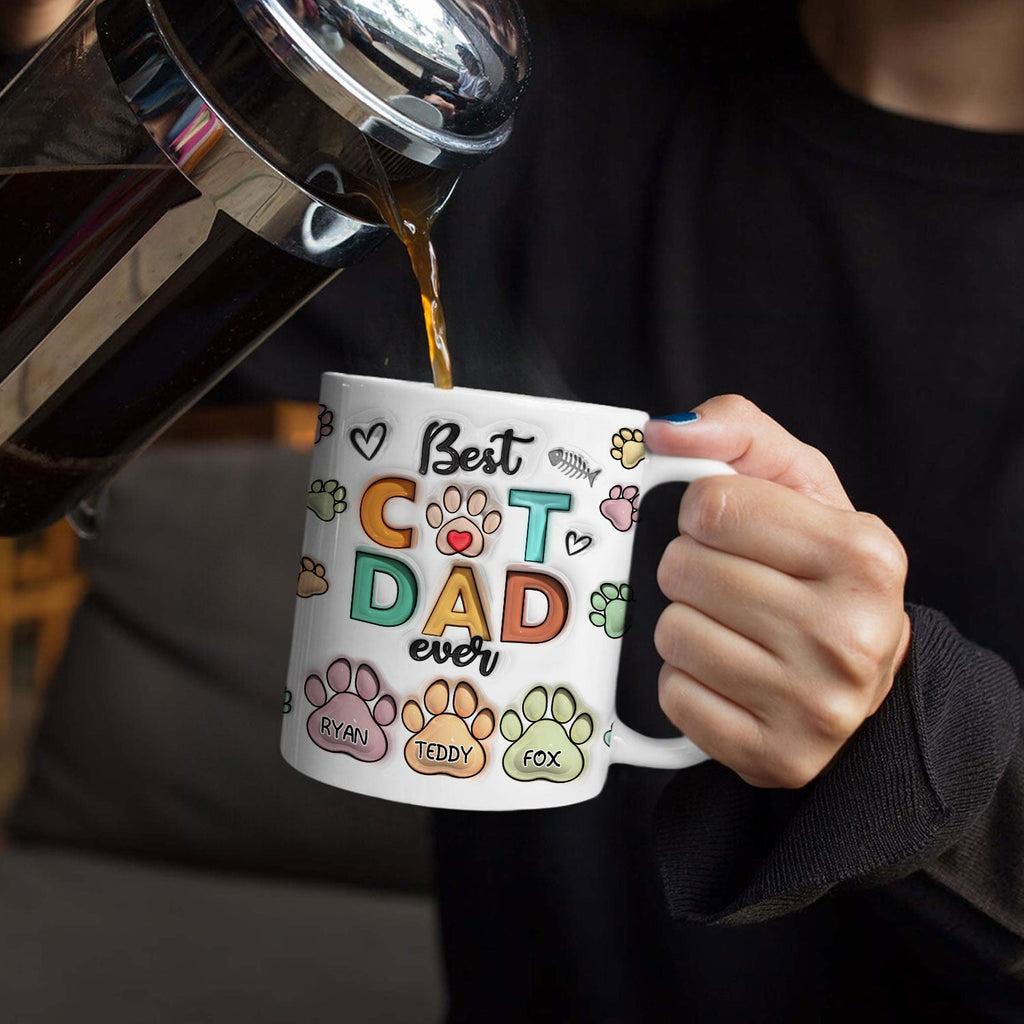 母の日祝 Cat Mom Cat Dad - 個性化された3D膨らませ効果プリントマグ 足と名前·白いマグカップ - Fallook