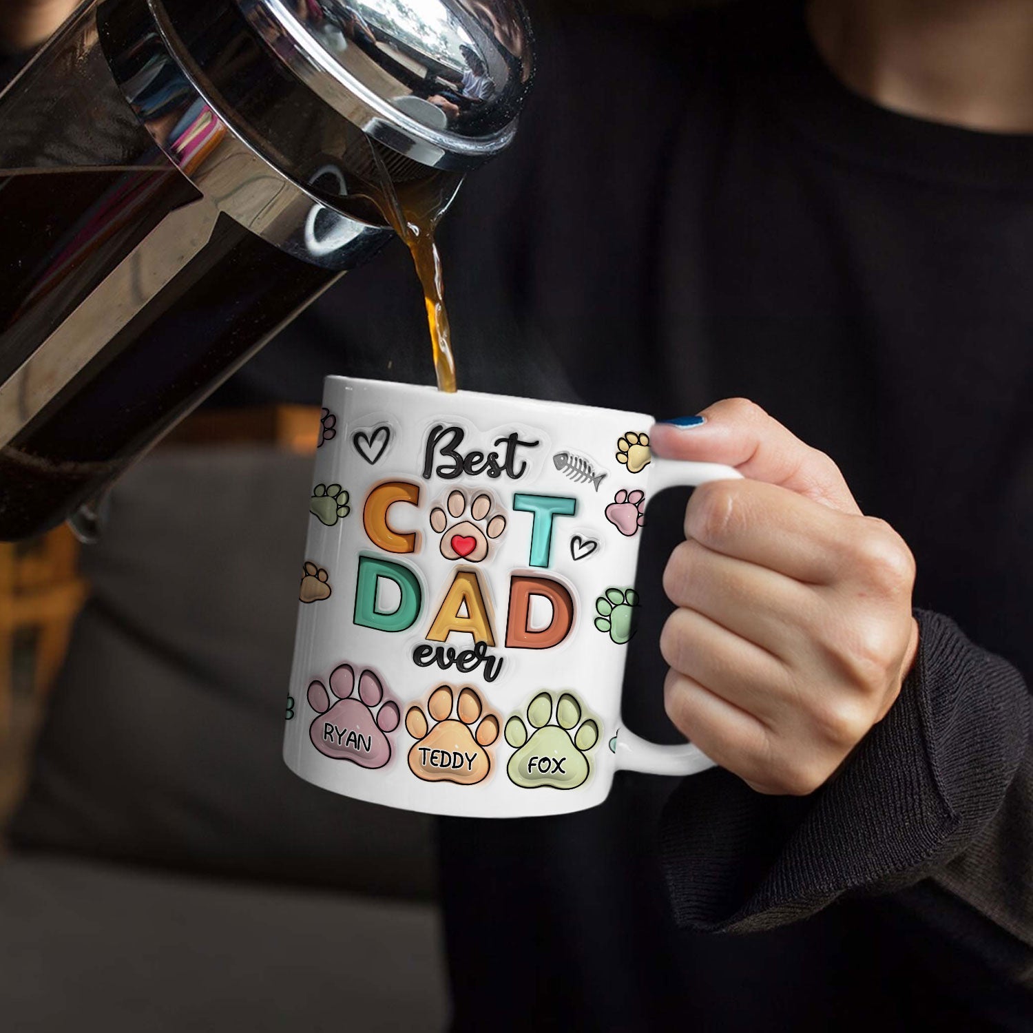 母の日祝 Cat Mom Cat Dad - 個性化された3D膨らませ効果プリントマグ 足と名前·白いマグカップ - Fallook