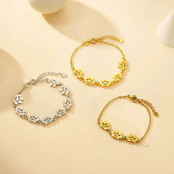 女性のペット愛好家のための刻まれた名前の誕生日記念ギフトとパーソナライズされたかわいい犬の猫の足プリントブレスレット - Fallook