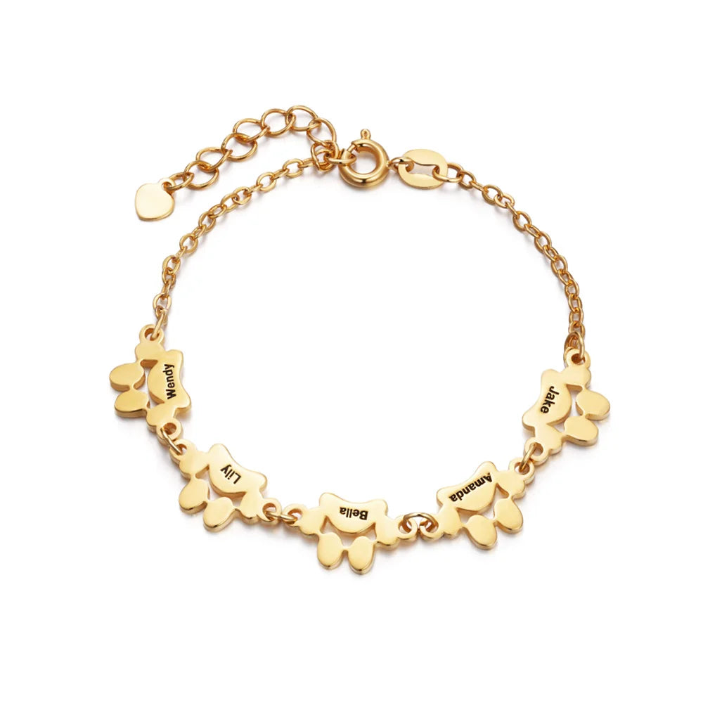 女性のペット愛好家のための刻まれた名前の誕生日記念ギフトとパーソナライズされたかわいい犬の猫の足プリントブレスレット - Fallook