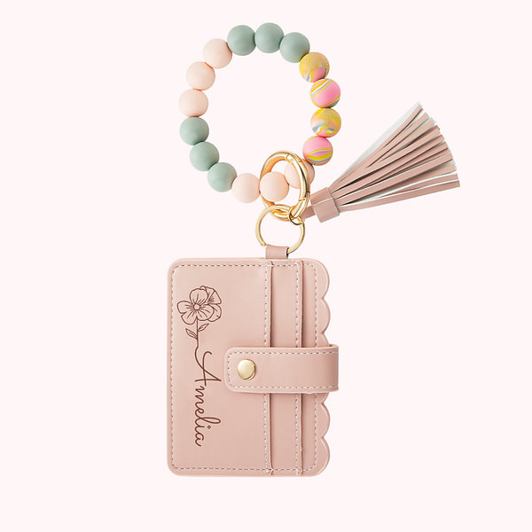 パーソナライズされた誕生花キーホルダー リストレット レザーウォレット ビーズブレスレットと名前付き 彼女への誕生日母の日ギフト - Fallook