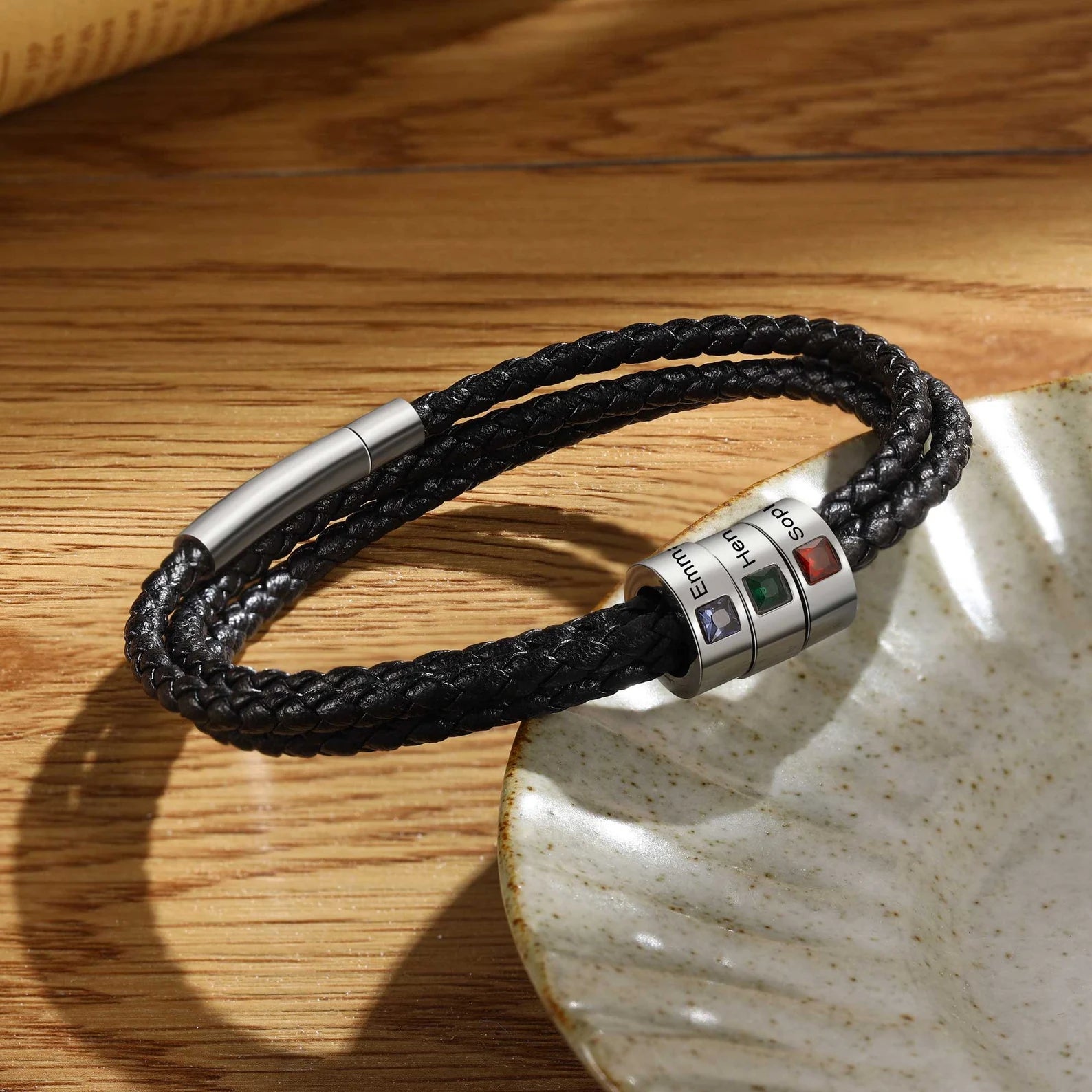 父の日用パーソナライズされたギフト ｜ブラックレザー ｜刻印入り誕生石チャームビーズ