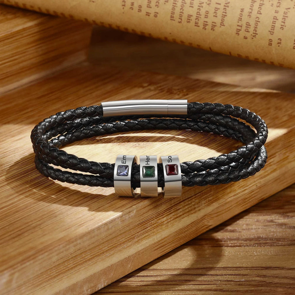 父の日用パーソナライズされたギフト ｜ブラックレザー ｜刻印入り誕生石チャームビーズ