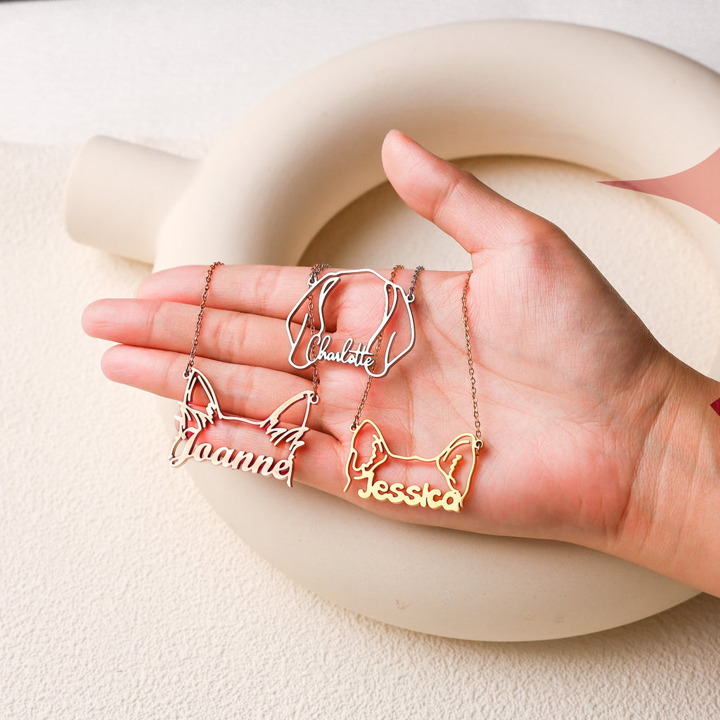 犬猫ネームネックレス デザイン犬猫耳ネックレス - Fallook