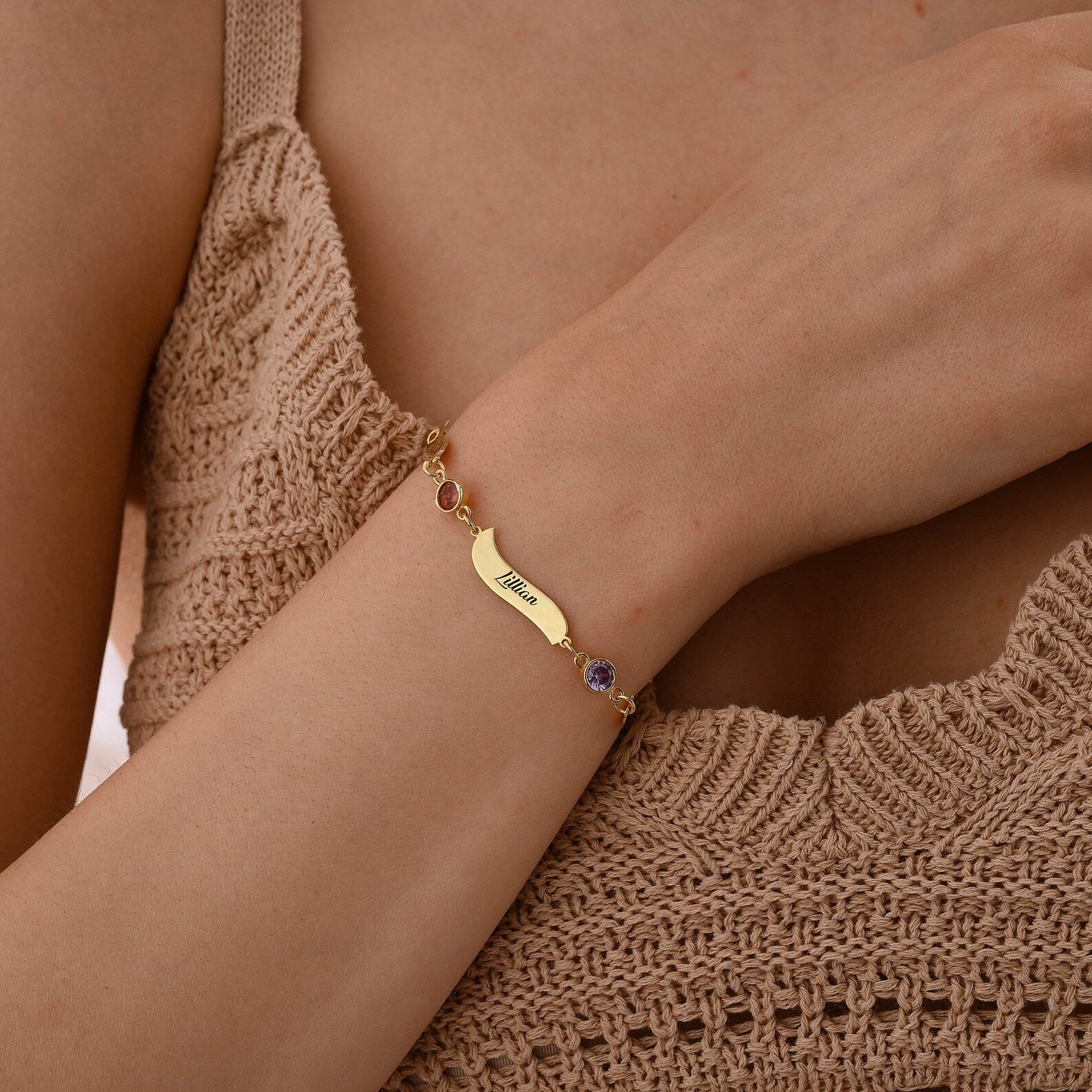 誕生石入り お名前刻印ブレスレット