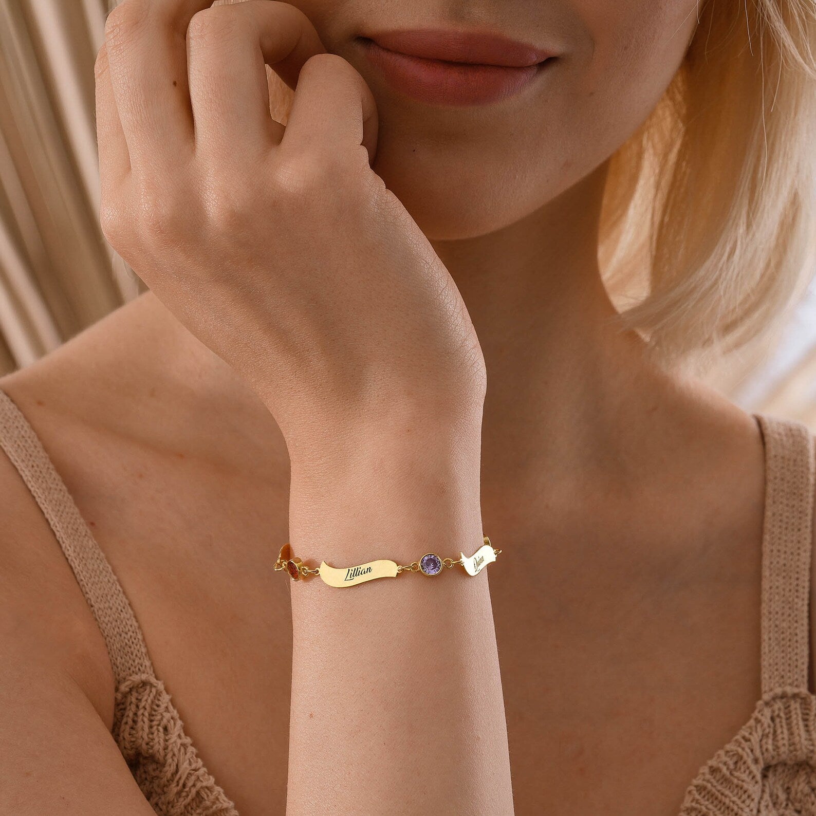 誕生石入り お名前刻印ブレスレット