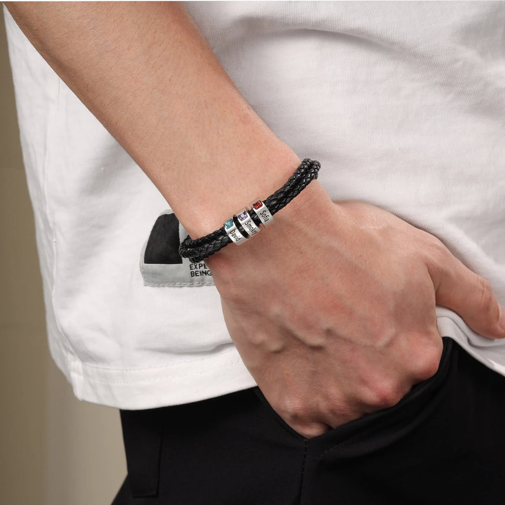 父の日用パーソナライズされたギフト ｜ブラックレザー ｜刻印入り誕生石チャームビーズ