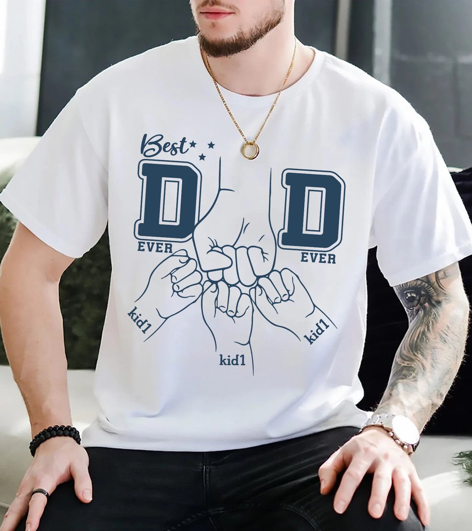 Best Dad Ever 子供の名前入りお父さん T シャツ、父の日シャツ - Fallook