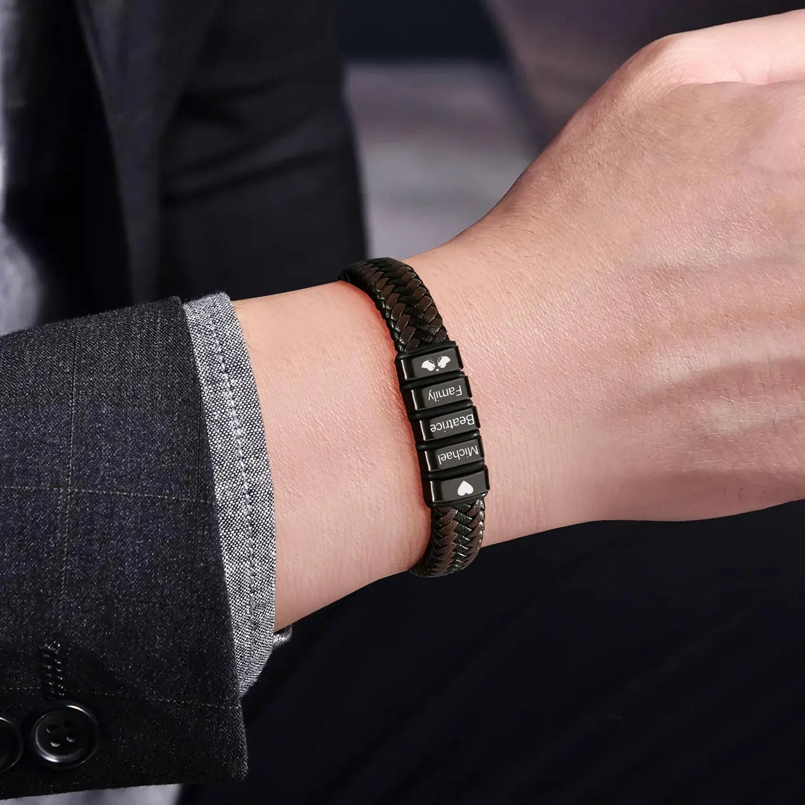 父の日用パーソナライズされたギフト ｜ブラックレザー ｜ 刻印入り 家族 子供