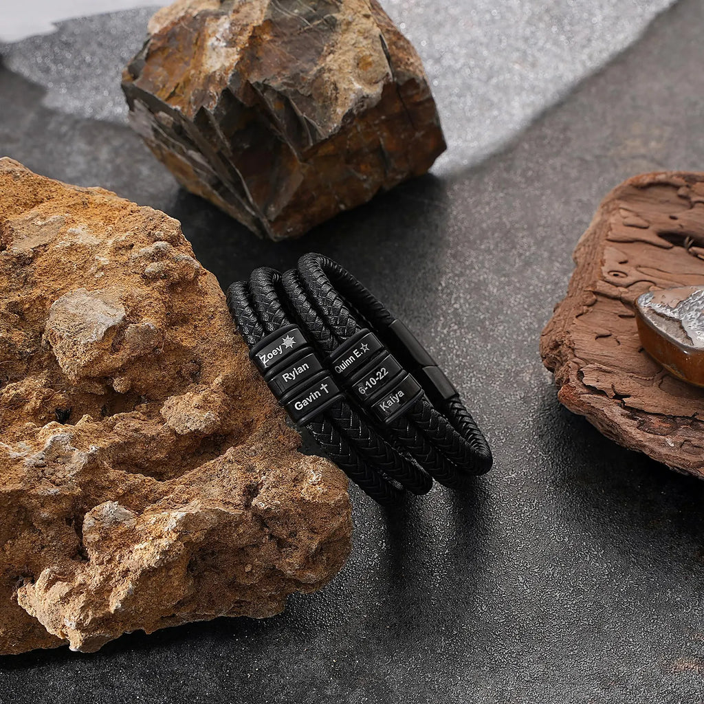 父の日用パーソナライズされたギフト ｜ブラックレザー ｜刻印入り 家族