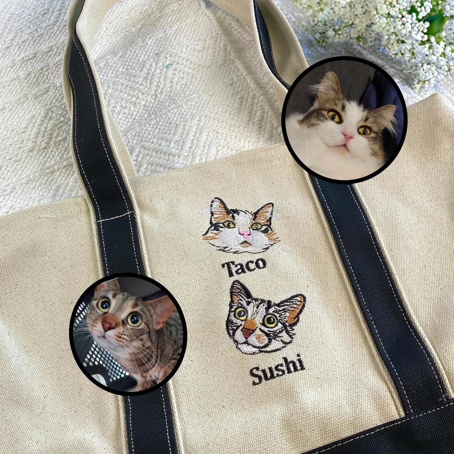 片面刺繡♪名入れペット写真 カスタムペット顔刺繍キャンバストートバッグ