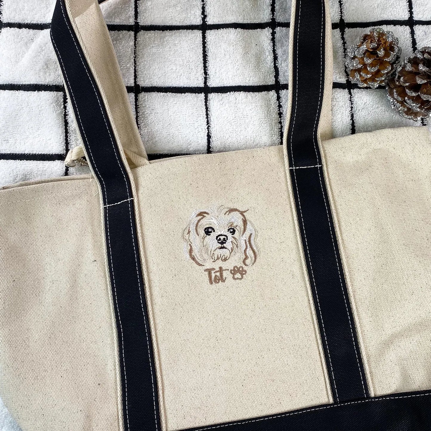 片面刺繡♪名入れペット写真 カスタムペット顔刺繍キャンバストートバッグ