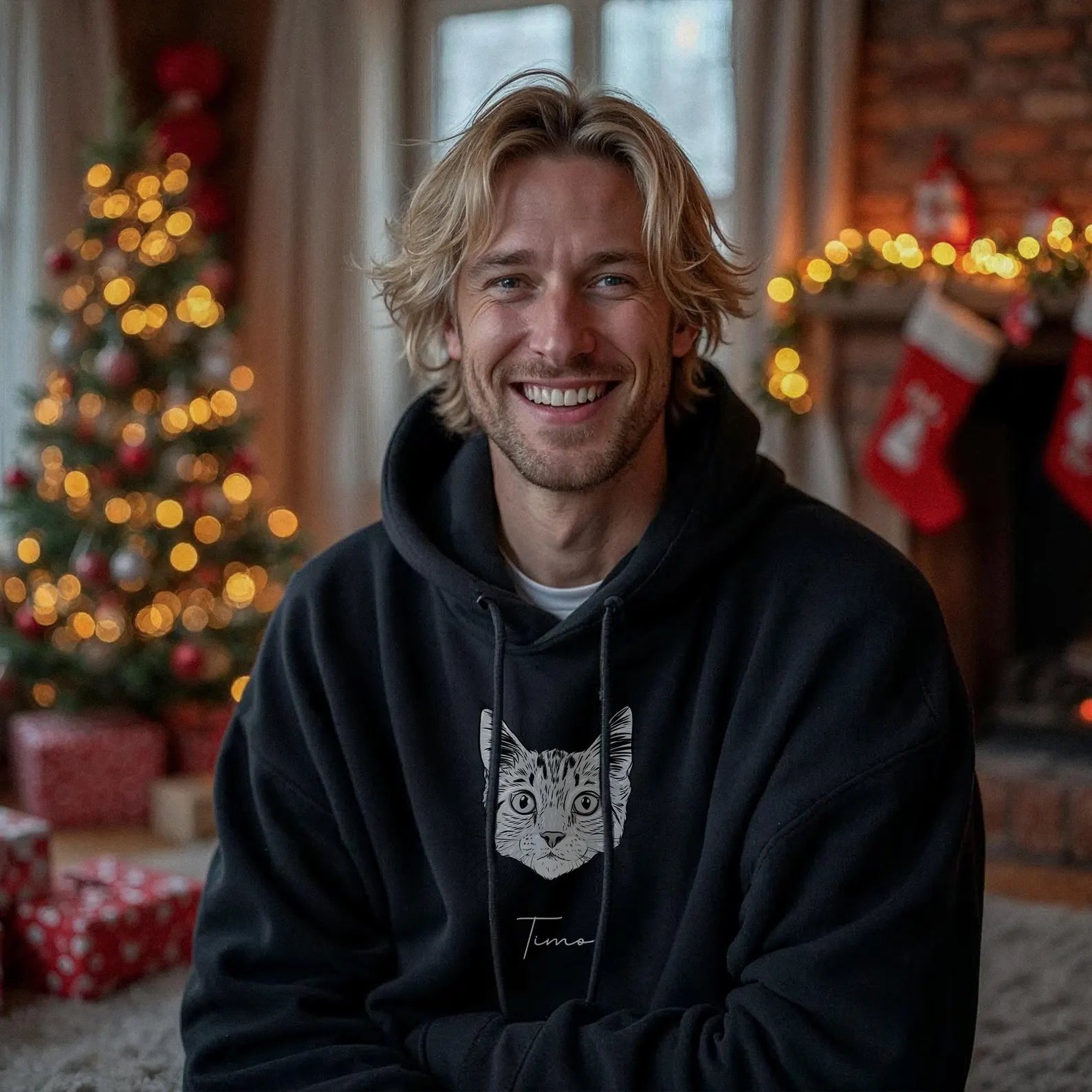 犬/猫/ペットの写真絵画 アバター を入れたカスタマイズされた長袖スウェットシャツ 帽子のシャツ - Fallook