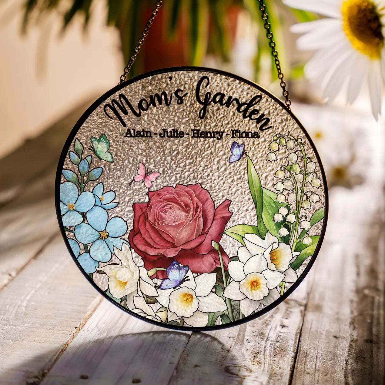 「家族の誕生花入り」パーソナライズド・グランドマズ・ガーデン ステンドグラスサンキャッチャー