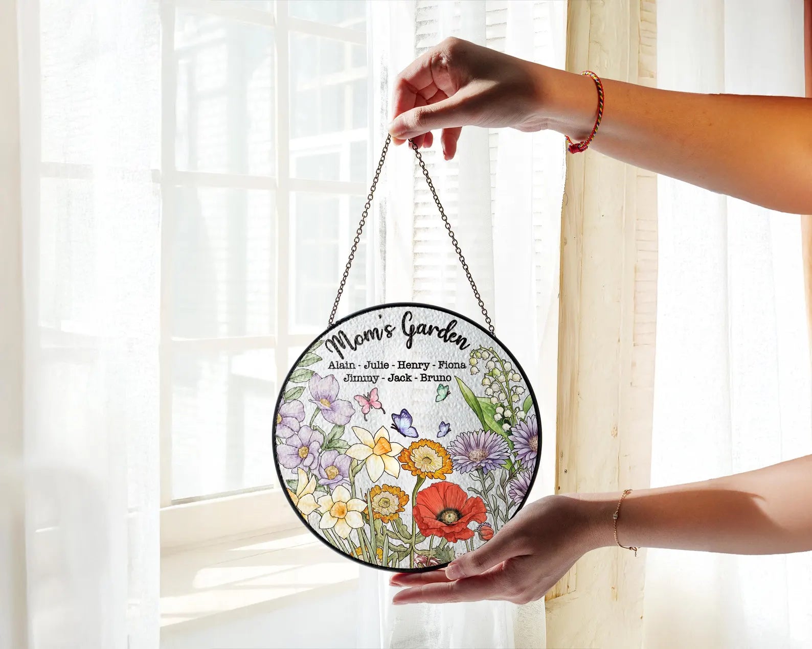 「家族の誕生花入り」パーソナライズド・グランドマズ・ガーデン ステンドグラスサンキャッチャー