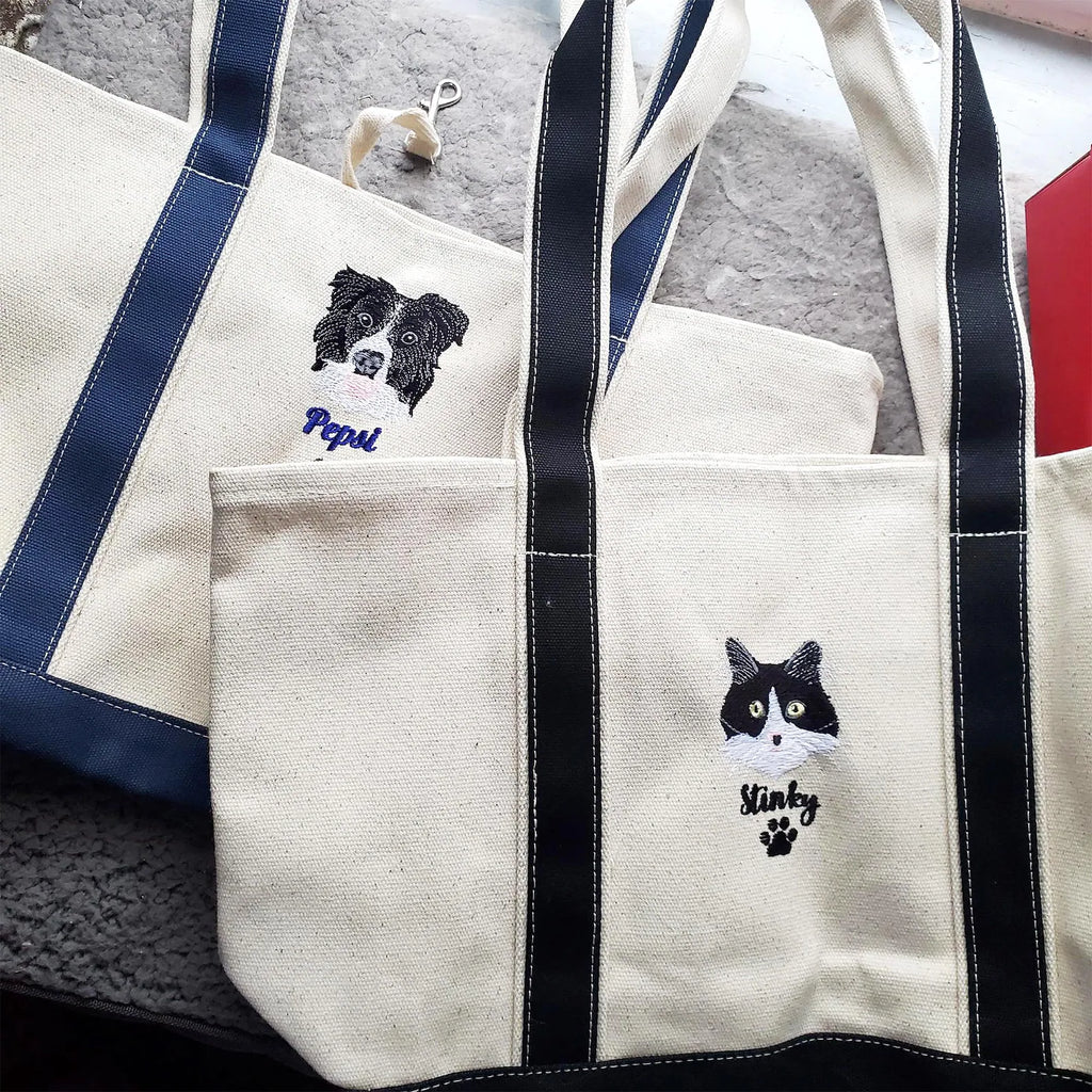 片面刺繡♪キャンバストート 名入れペット写真による作成トートバッグ♪ お散歩バッグ♪おしゃれバッグ♪