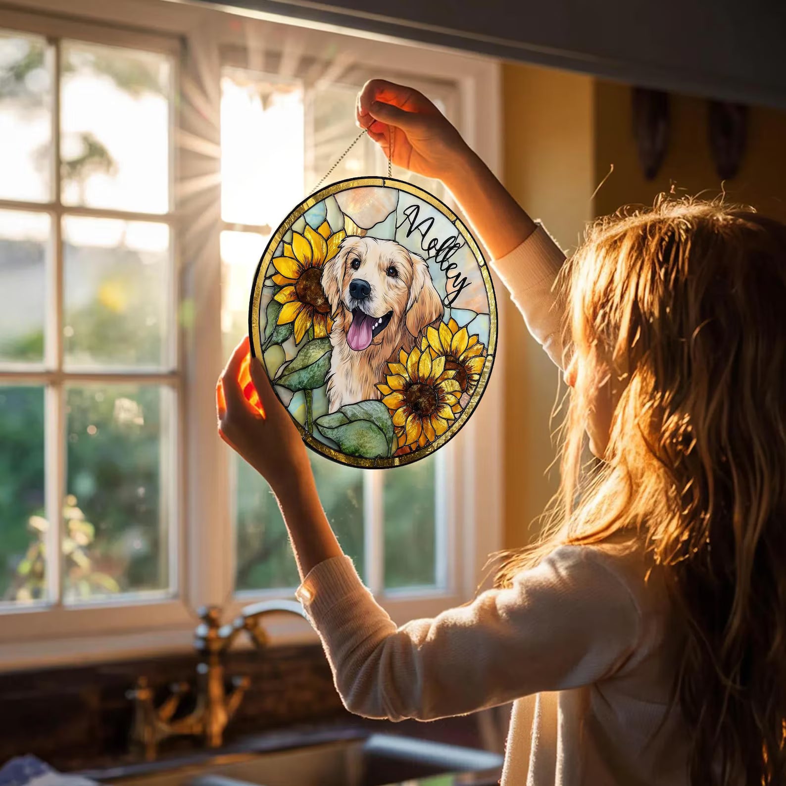 ペットの肖像 パーソナライズド ステンドグラス サンキャッチャー ひまわり