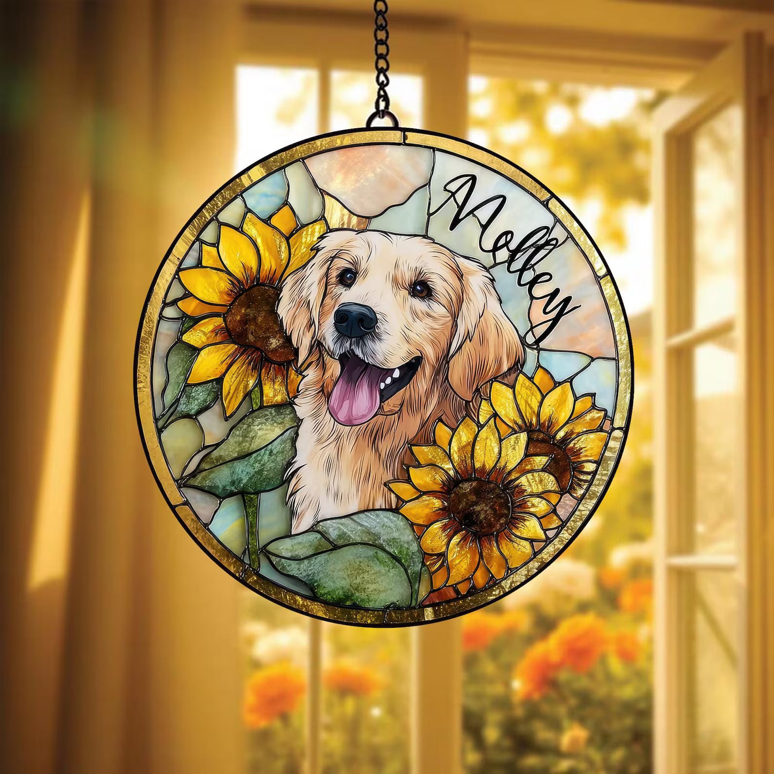 ペットの肖像 パーソナライズド ステンドグラス サンキャッチャー ひまわり