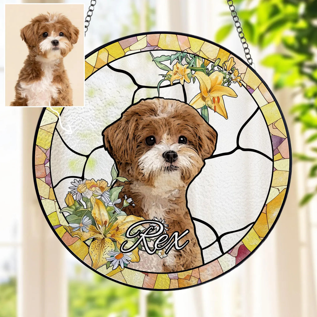 ペットの肖像 パーソナライズド ステンドグラス サンキャッチャー 丸型とハート型です