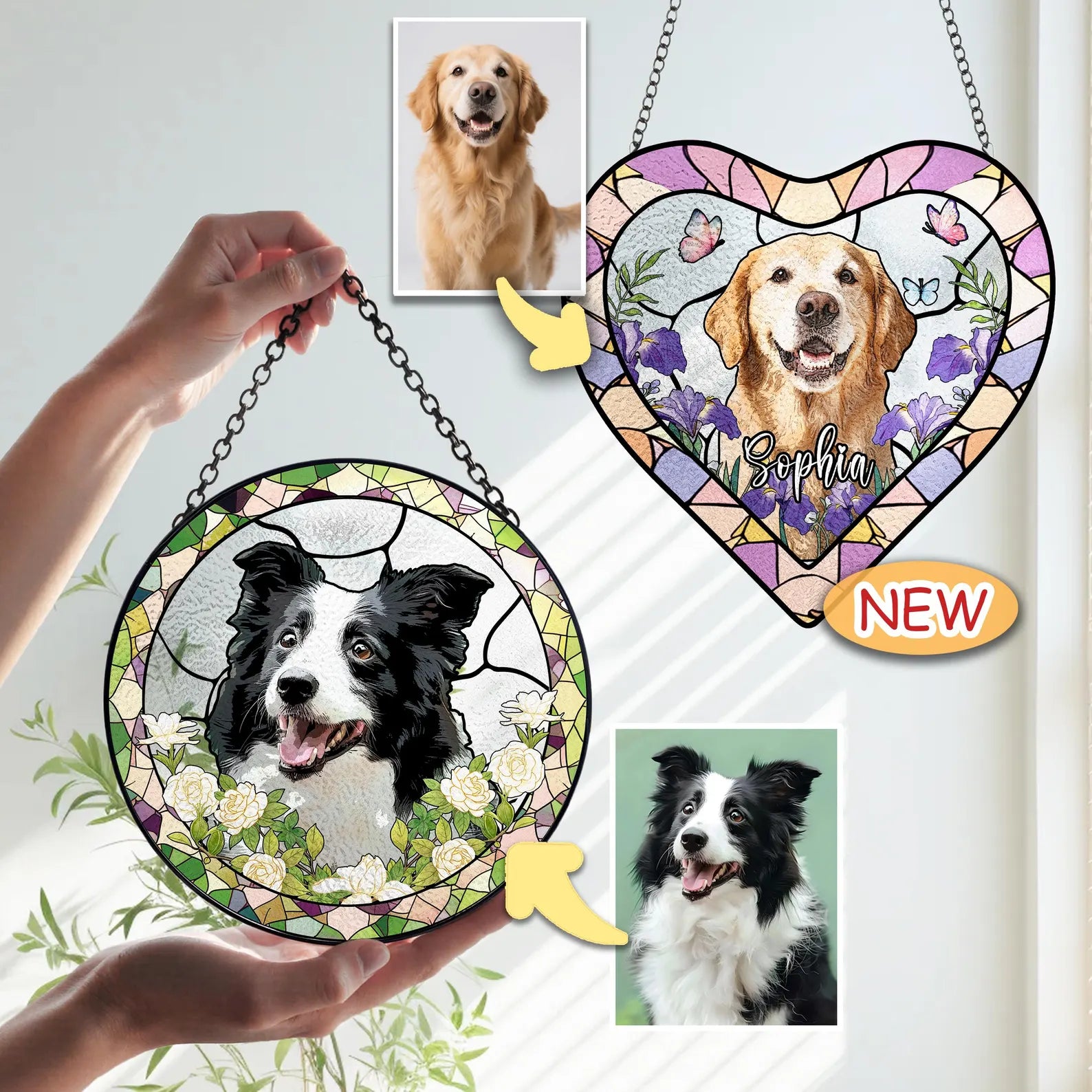ペットの肖像 パーソナライズド ステンドグラス サンキャッチャー 丸型とハート型です