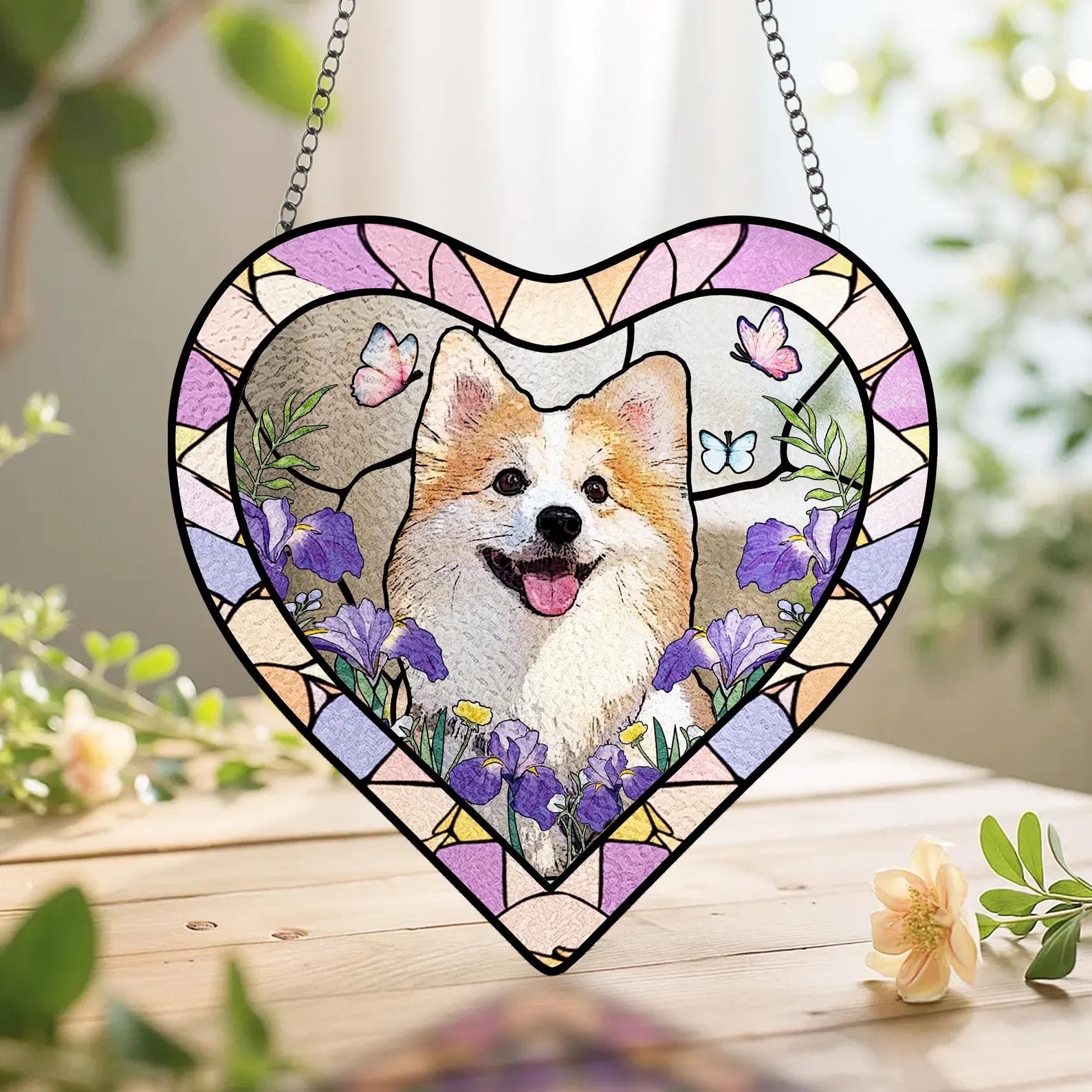ペットの肖像 パーソナライズド ステンドグラス サンキャッチャー 丸型とハート型です