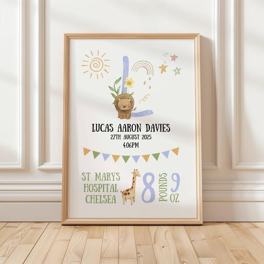 【名入れ】 ベビー 出生記録 メモリアルポスター アニマルデザイン 命名書
