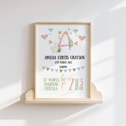 【名入れ】 ベビー 出生記録 メモリアルポスター アニマルデザイン 命名書