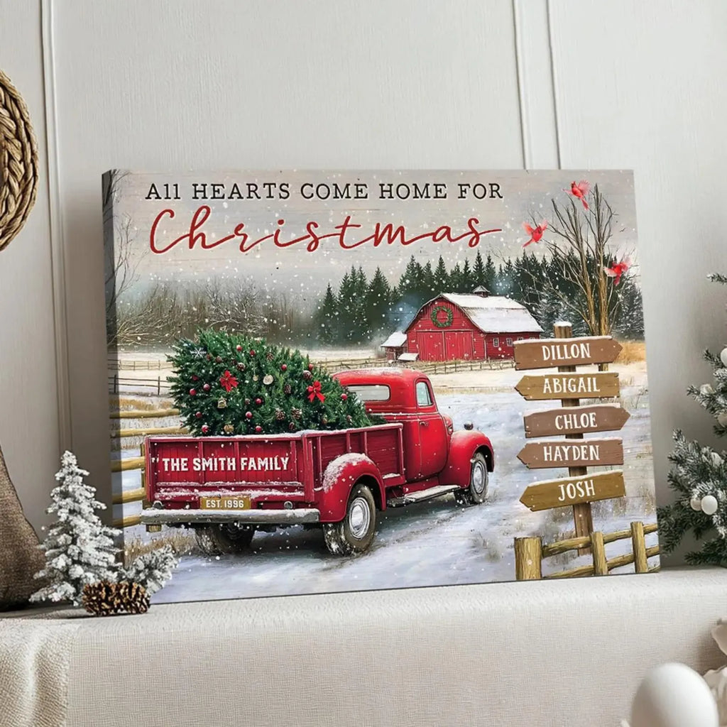 ❗️送料は無料 パーソナライズされたファミリークリスマスキャンバス All Hearts Come Home For Xmas