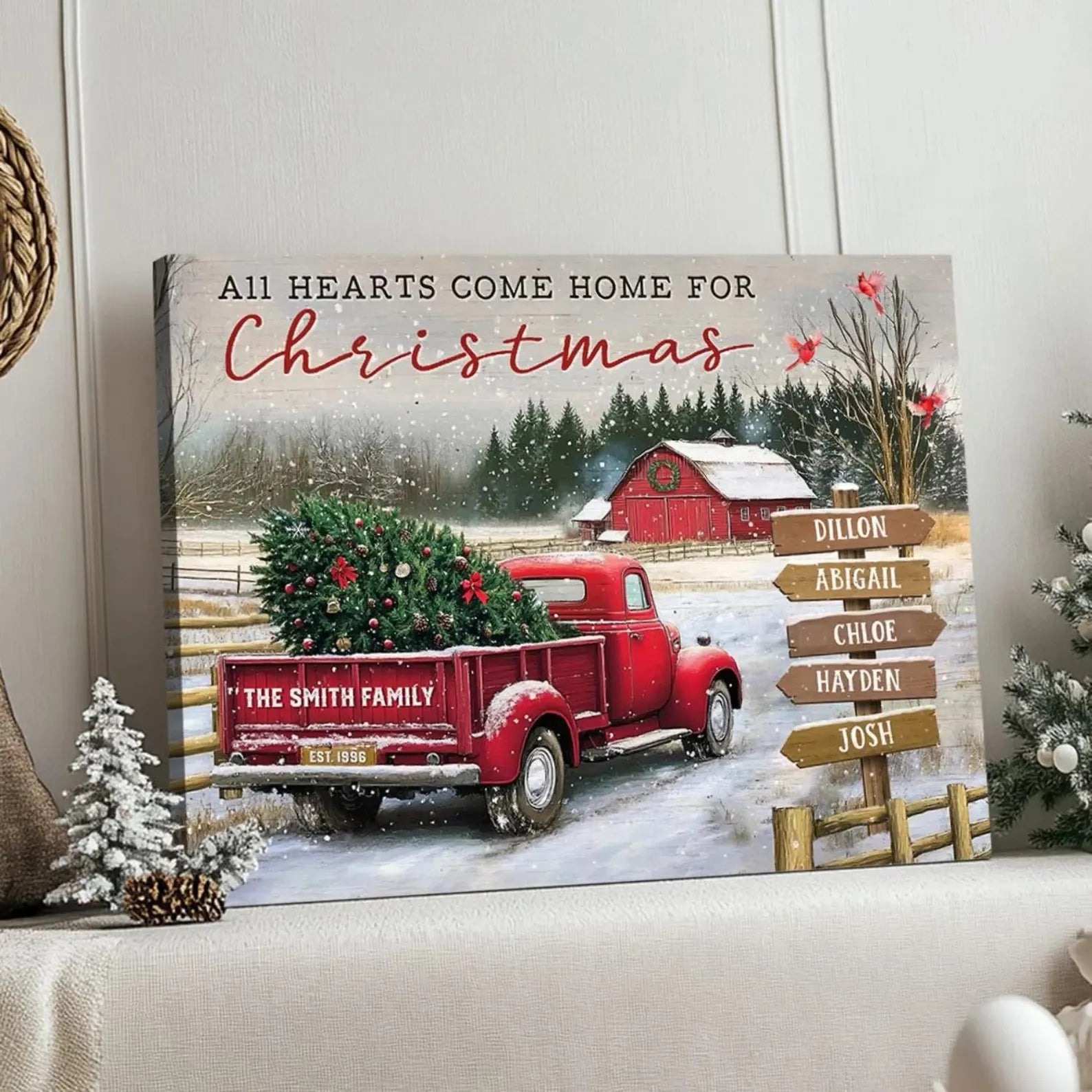 ❗️送料は無料 パーソナライズされたファミリークリスマスキャンバス All Hearts Come Home For Xmas