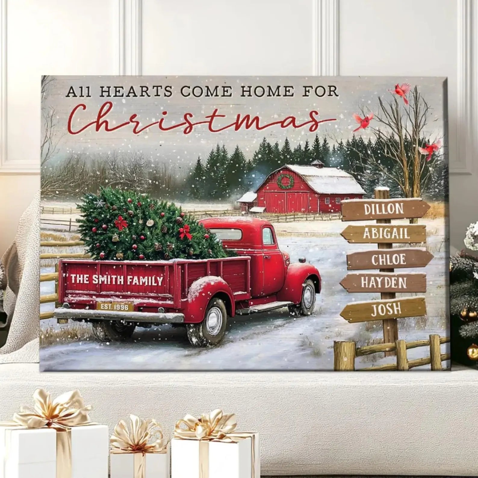 ❗️送料は無料 パーソナライズされたファミリークリスマスキャンバス All Hearts Come Home For Xmas