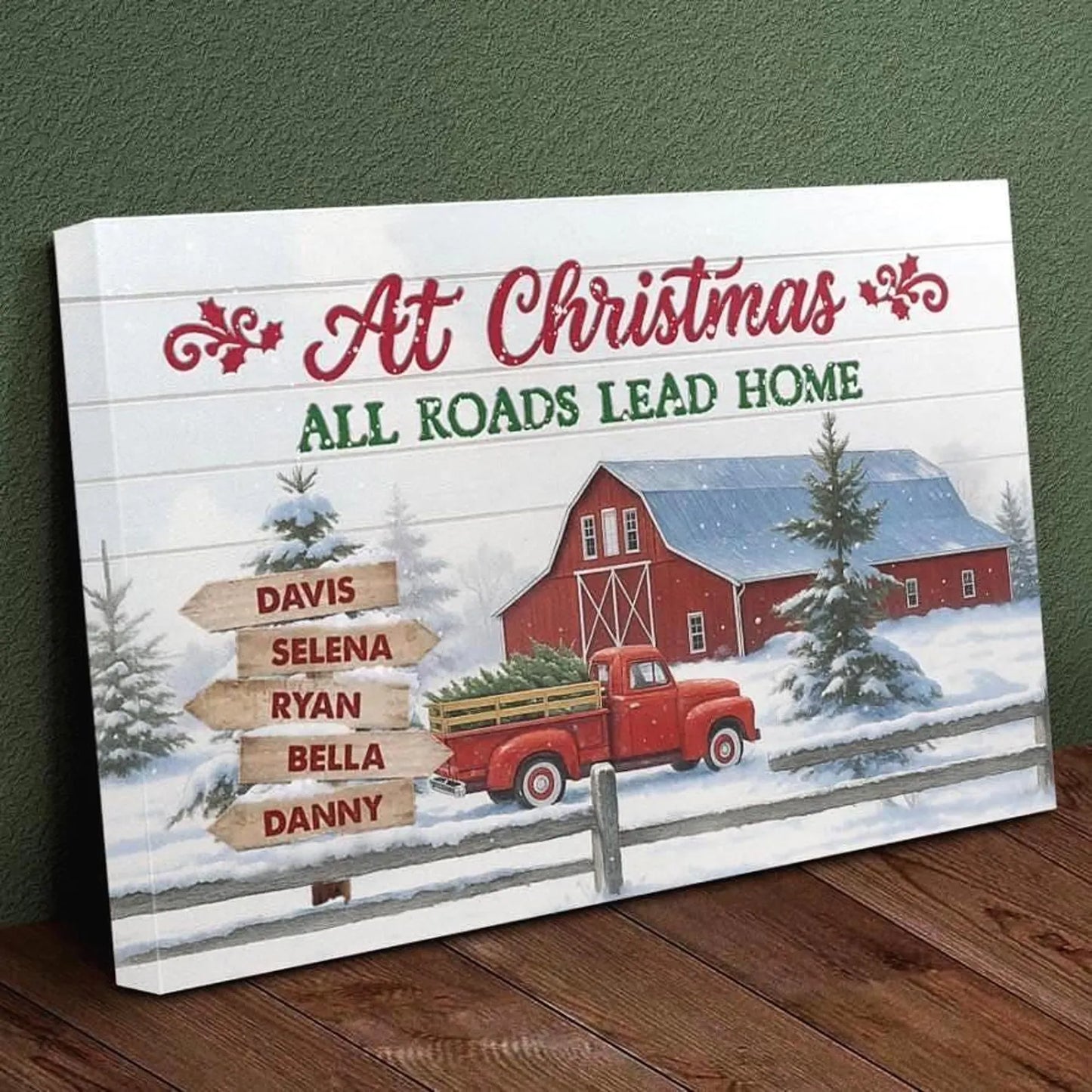 ❗️送料は無料 パーソナライズされたファミリークリスマスキャンバス All Roads Lead Home