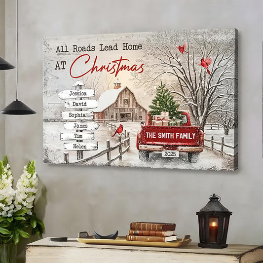 ❗️送料は無料 パーソナライズされたファミリークリスマスキャンバス All Roads Lead Home At Xmas