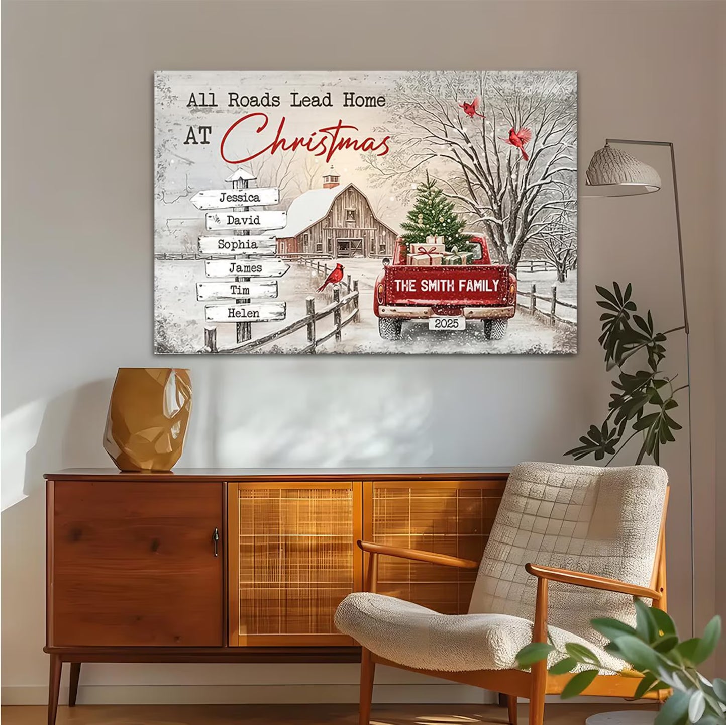 ❗️送料は無料 パーソナライズされたファミリークリスマスキャンバス All Roads Lead Home At Xmas