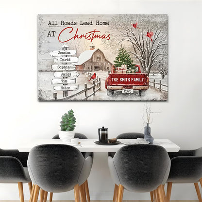 ❗️送料は無料 パーソナライズされたファミリークリスマスキャンバス All Roads Lead Home At Xmas