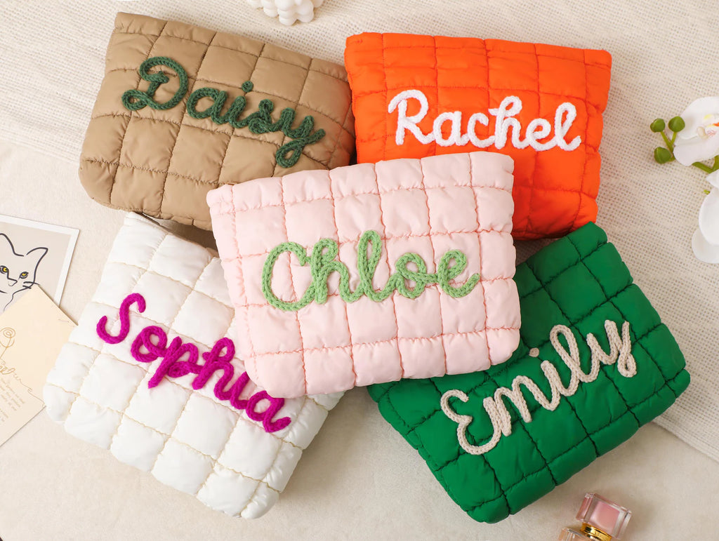 名入れ・イニシャル刺繍 キルティング ナイロン メイクポーチ / コスメポーチ