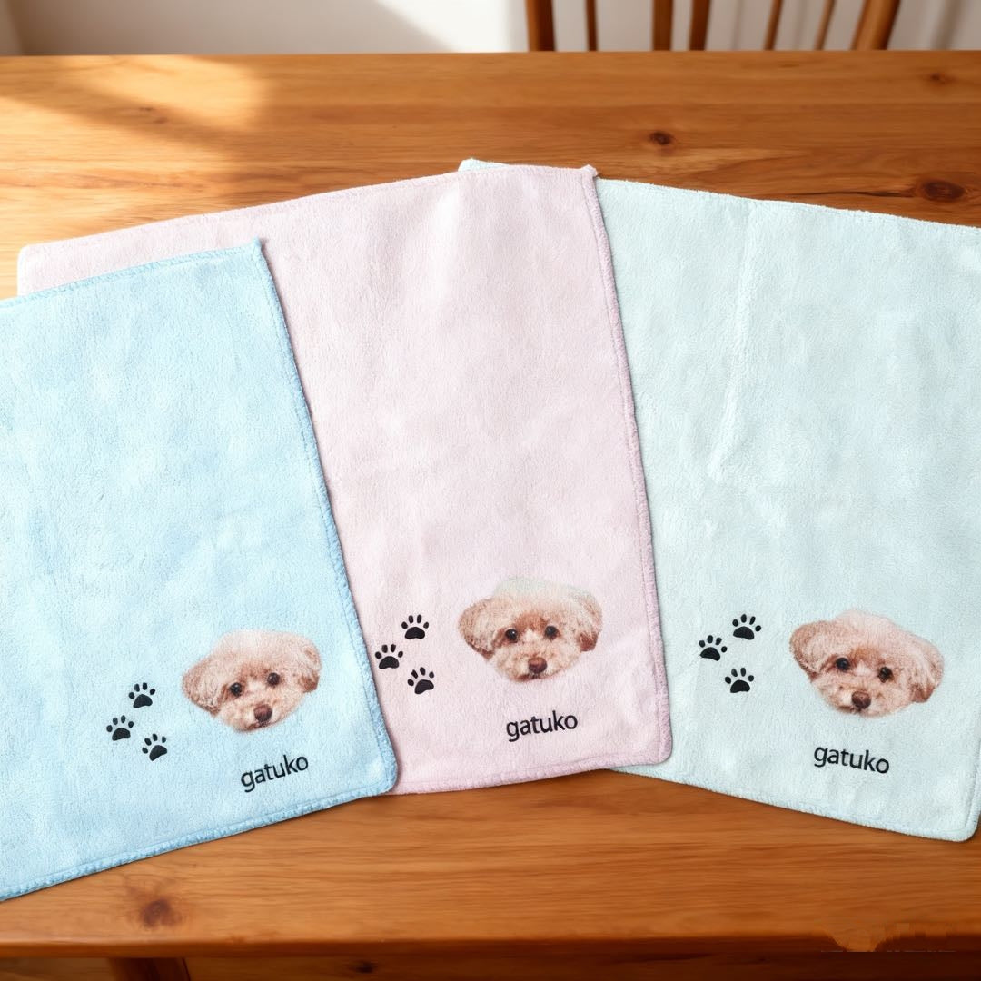 🐱🐶ペットのポートレートと名前をパーソナライズしたハンカチのカスタマイズ•うちの子ミニタオル•うちの子ギフト•うちの子グッツ•うちの子ブランケット•うちの子オーダー•香典返し　