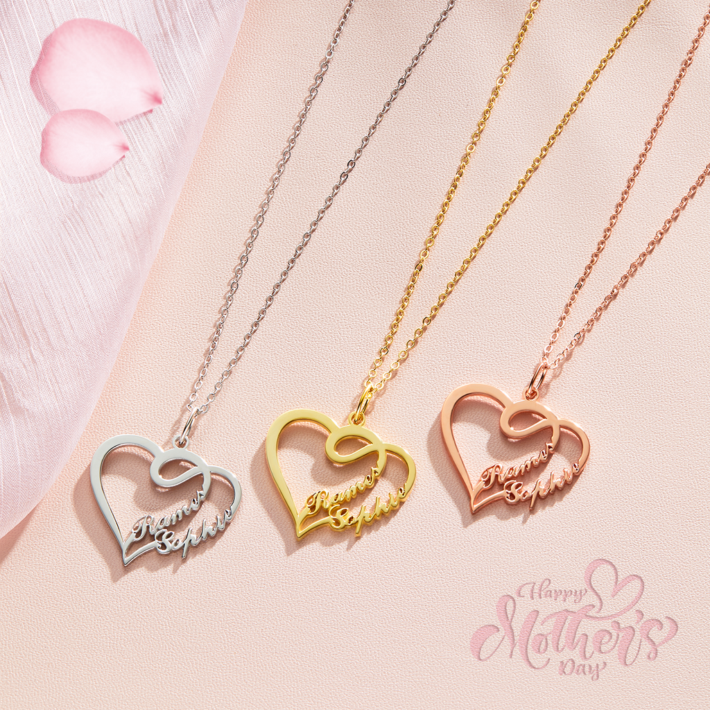 オーバーラップハートツーネームネックレスK14ゴールドメッキ-名入れ自由なカスタマイズしたネックレス - Fallook