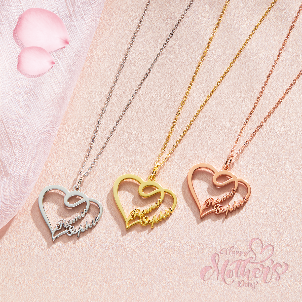 オーバーラップハートツーネームネックレスK14ゴールドメッキ-名入れ自由なカスタマイズしたネックレス - Fallook